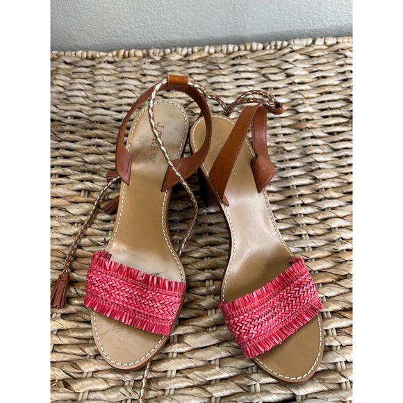 J.‎ Crew Women's Raffia Ankle-Tie High Heel Sandals Bohemian Fringe Boho 8.5 - Picture 4 of 14